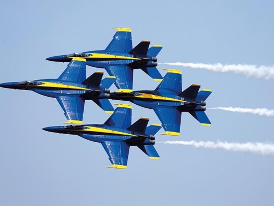 US Navy's flight demonstration squadron, the Blue Angels, perform above the Severn River, Annapolis, USA - 26 May 2021