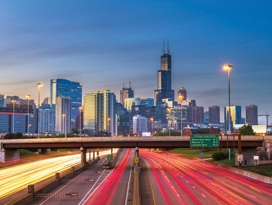 Chicago, Illinois, USA downtown skyline over highways