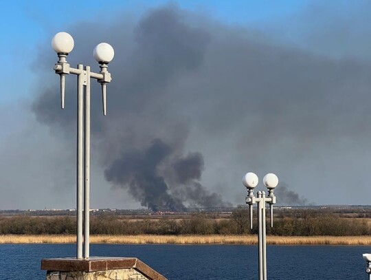 Smoke above Russian controlled side of Dnieper river, Kherson, Ukraine - 05 Mar 2023