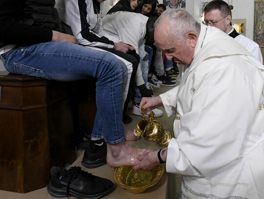 Pope Francis washes the feet of young prisoners in the rite of washing of feet, Vatican City, Vatican City State Holy See - 06 Apr 2023