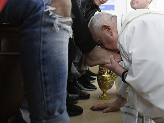 Pope Francis washes the feet of young prisoners in the rite of washing of feet, Vatican City, Vatican City State Holy See - 06 Apr 2023