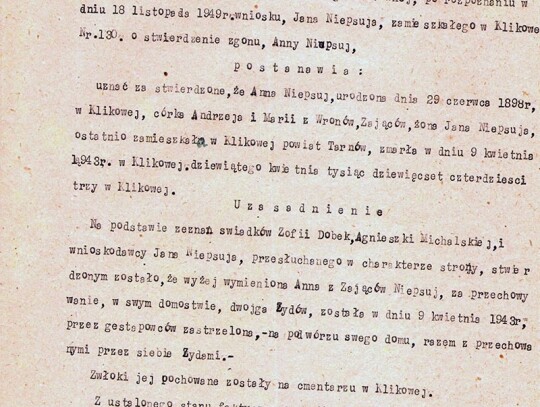 Postanowienie Sądu Grodzkiego w Tarnowie o uznaniu Anny Niepsuj za zmarłą