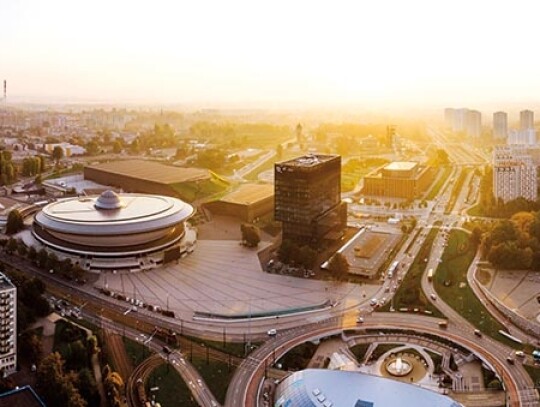 Beautiful sunrise over city center of Katowice