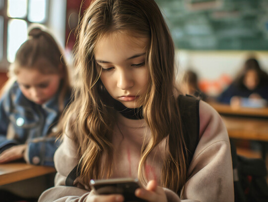 Primary or elementary schoolgirl wearing a backpack, sitting in